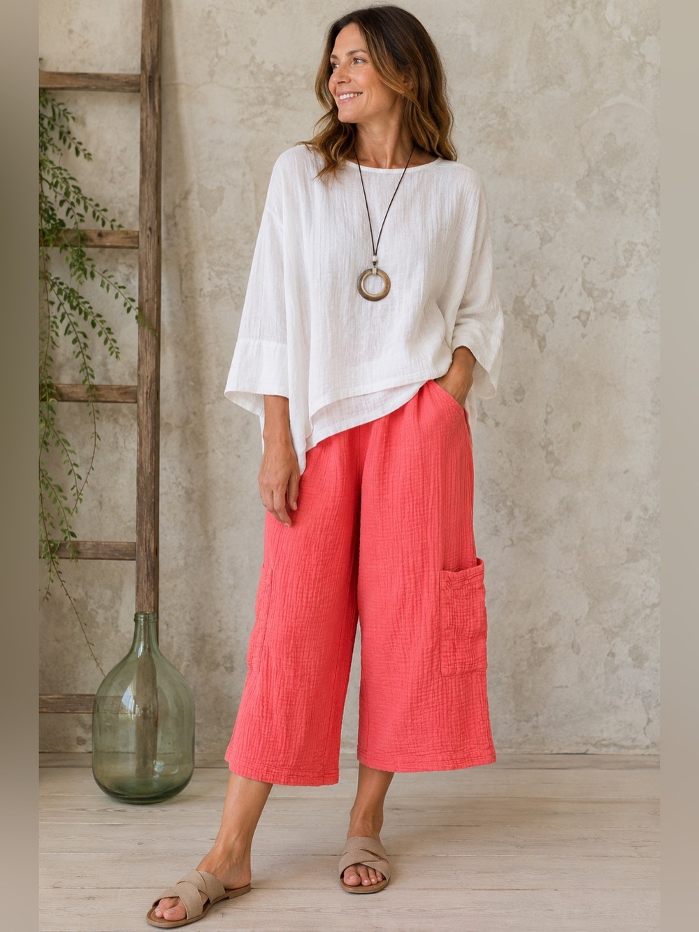 Bryn Walker Cotton Gauze cropped Casbah Pants Coral Rambutan Size S wide leg